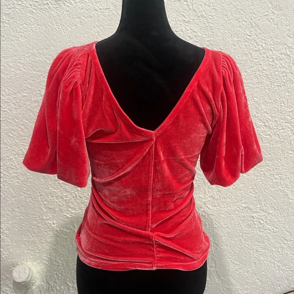 Free People Pink Velvet Top Size Medium V-Neck Puff Sleeve Blouse